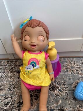 Interactive Baby Doll in Yellow Rainbow Dress with Pink Accents